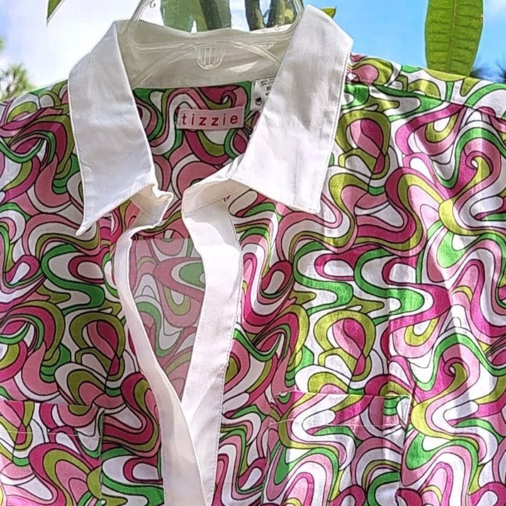 NWT TIZZIE PINK GREEN MOD SPLIT NECK COTTON DRESS with POCKETS WOMEN'S Sz XL. - Picture 7 of 8